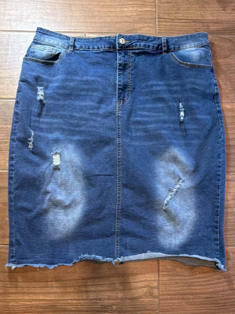 Unbranded Distressed Denim Skirt Size 16 Blue Frayed Hem Pencil Skirt